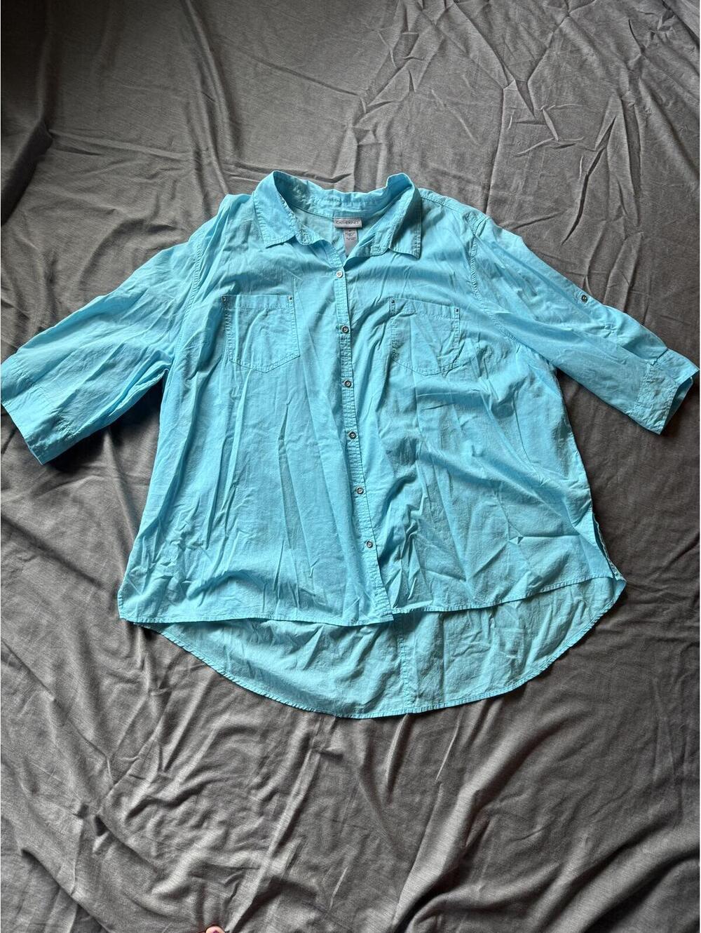 Catherines Button Down Modal 3/4 Sleeve Shirt Womens 3X Plus Blue Classic Cotton